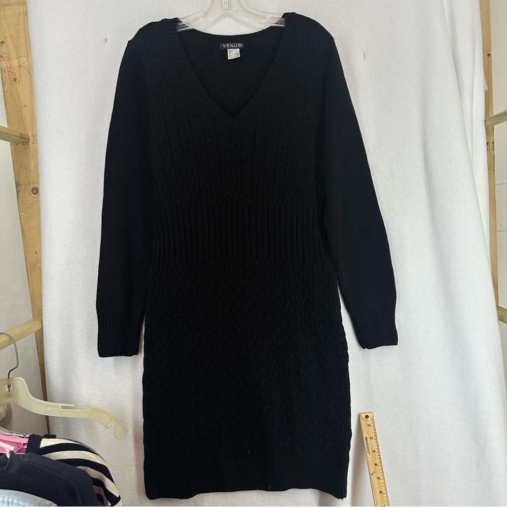 Venus V Neck Long Sleeve Sweater Dress Womens Large Black